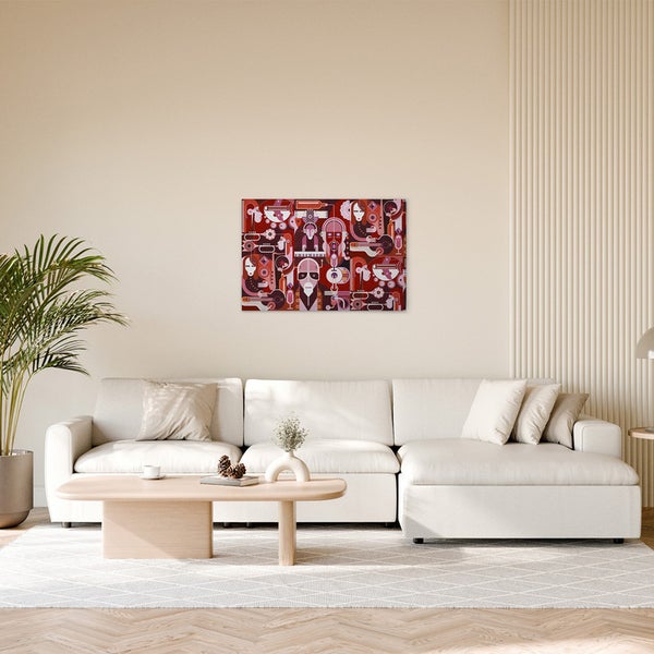 Gemälde mit abstrakten Figuren und Musikinstrumenten im Wohnzimmer