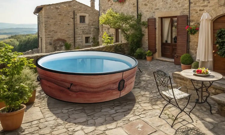 Runder aufblasbarer Whirlpool in Holzoptik auf einer gepflasterten Terrasse vor einem rustikalen Steinhaus mit Gartenmöbeln und Pflanzen.