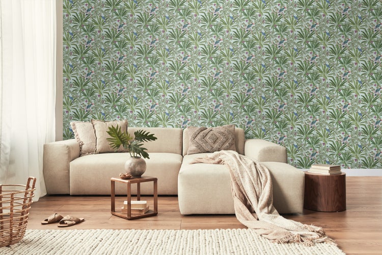 Walls4You Tapete tropische Dschungelblätter und Paradiesvögel Mintgrün und Grün - 53 cm x 10.05 m - 935331