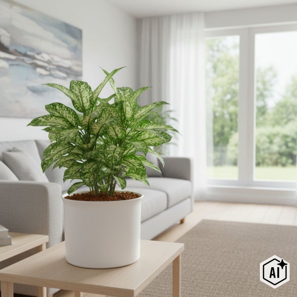 Dieffenbachia in weißem Topf auf Holztisch in hellem, modernem Wohnzimmer mit grauem Sofa und großem Fenster.