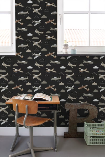 ESTAhome Tapete Flugzeuge Schwarz und Braun - 50 x 900 cm - 139805