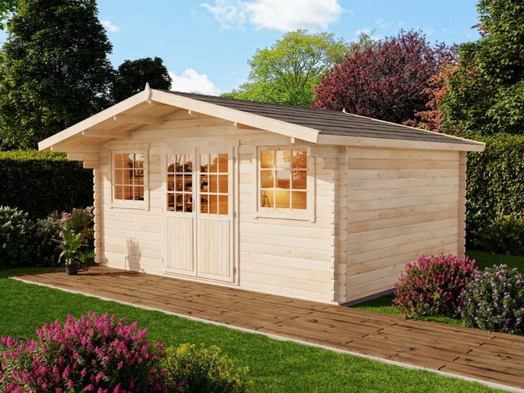 Alpholz Gartenhaus Caroline-44 B ISO Gartenhaus aus Holz, Holzhaus mit 44 mm Wandstärke, Blockbohlenhaus mit Montagematerial, Naturbelassen 5,1x3,9m