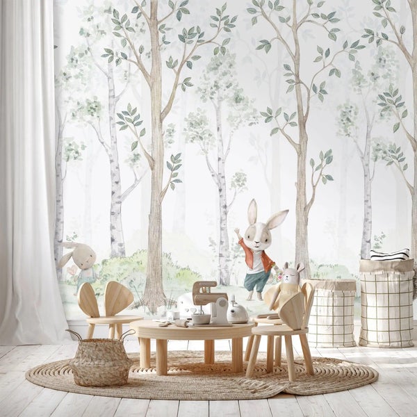 Kindertapete Birken­wald Aquarell mit Hasen 600 x 280 cm