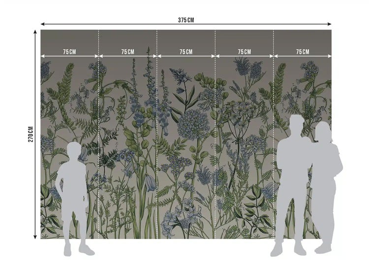Botanische Fototapete mit Blumen und Pflanzen, 375 Zentimeter breit und 270 Zentimeter hoch, bestehend aus fünf 75 Zentimeter breiten Bahnen.