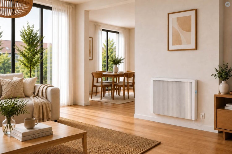 Moderner Flachheizkörper an einer Wohnzimmerwand in einem hellen und stilvoll eingerichteten Wohnbereich mit Esszimmer.
