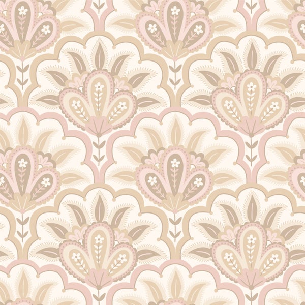 ESTAhome Tapete orientalisches Barockmotiv Beige und Rosa - 50 x 900 cm - 131032