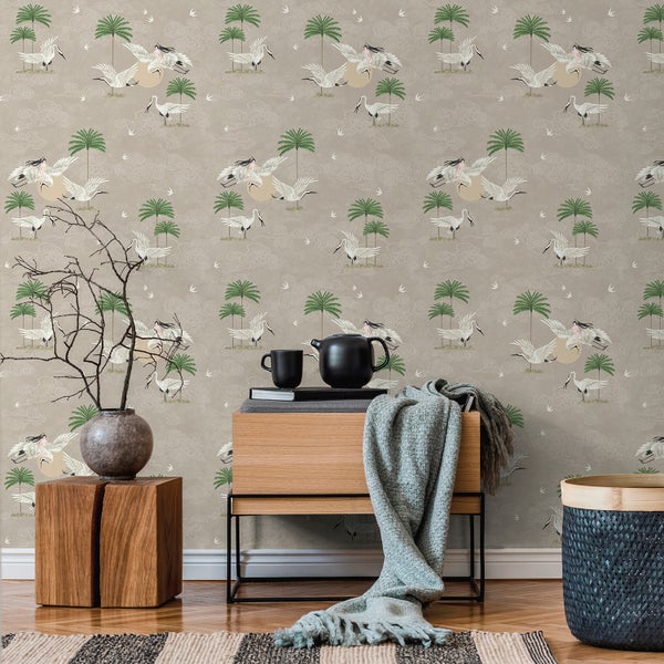 Walls4You Tapete Kraniche Taupe - 53 cm x 10 m - 640342