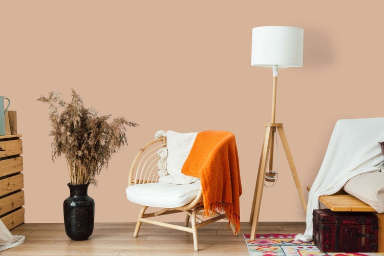 Hell eingerichtetes Zimmer mit pfirsichfarbener Wandgestaltung, einem Rattan-Sessel mit orangefarbener Decke, einer Holzstativ-Stehlampe und Trockenblumen.