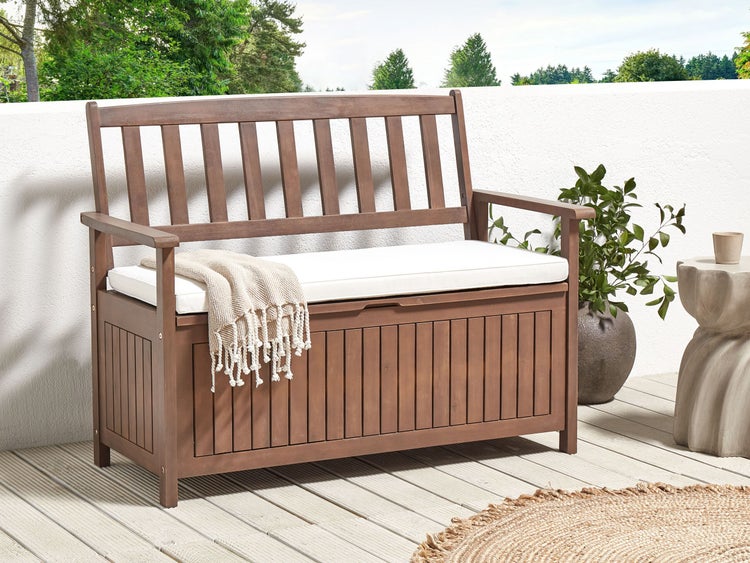 Gartenbank mit Auflage SOVANA 120 cm mit Stauraum Akazienholz Weiß