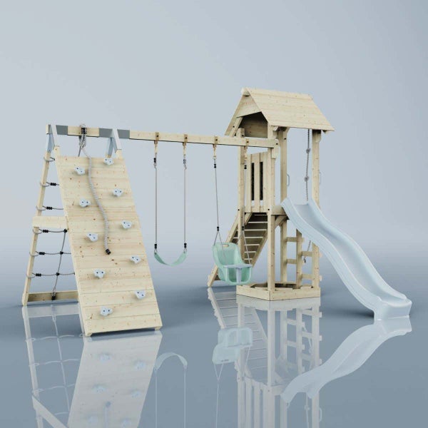 Spielturm aus Holz mit Kletterwand, Strickleiter, Schaukeln, Podest mit Dach und Wellenrutsche