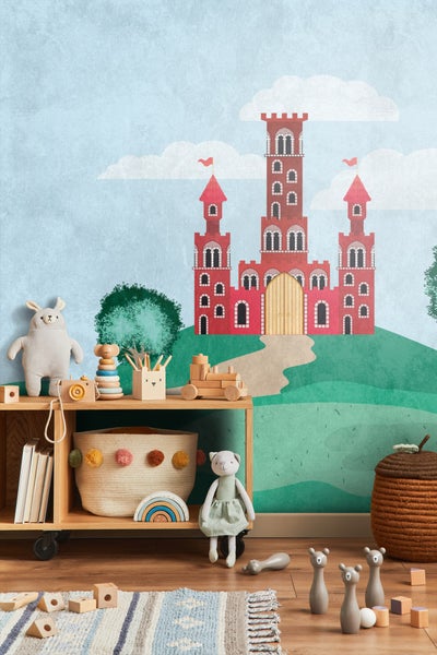 Kinderspielzimmer mit Regal, Spielzeug und Burgtapete
