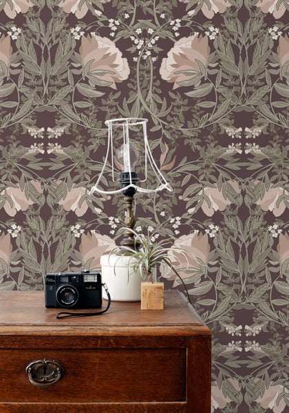 ESTAhome Tapete Blumenmuster im Jugendstil Aubergineviolett - 50 x 900 cm - 139694