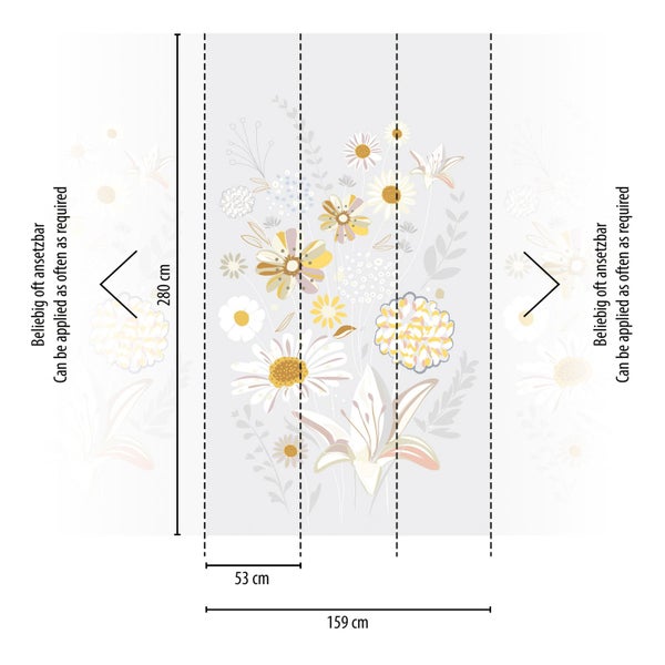 Tapetenmotiv mit Blumenmuster und Größenangaben