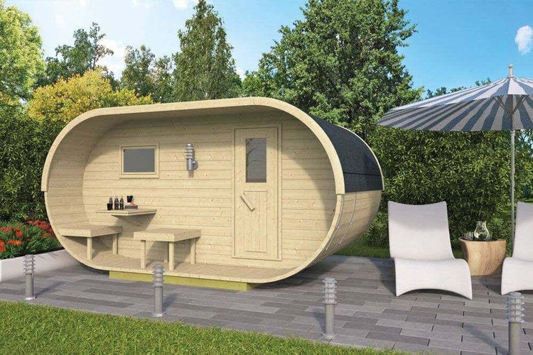 FinnTherm Saunahaus Lagom Gartensauna 2 Sitzbänke aus Holz, Sauna mit 42 mm Wandstärke, Außensauna mit Montagematerial