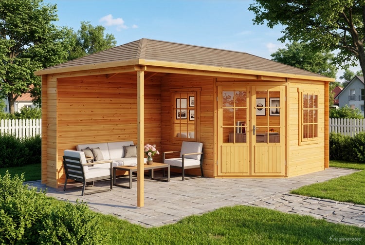 Holzgartenhaus mit integriertem überdachtem Sitzbereich und Terrasse, ausgestattet mit Loungemöbeln in einem Garten.