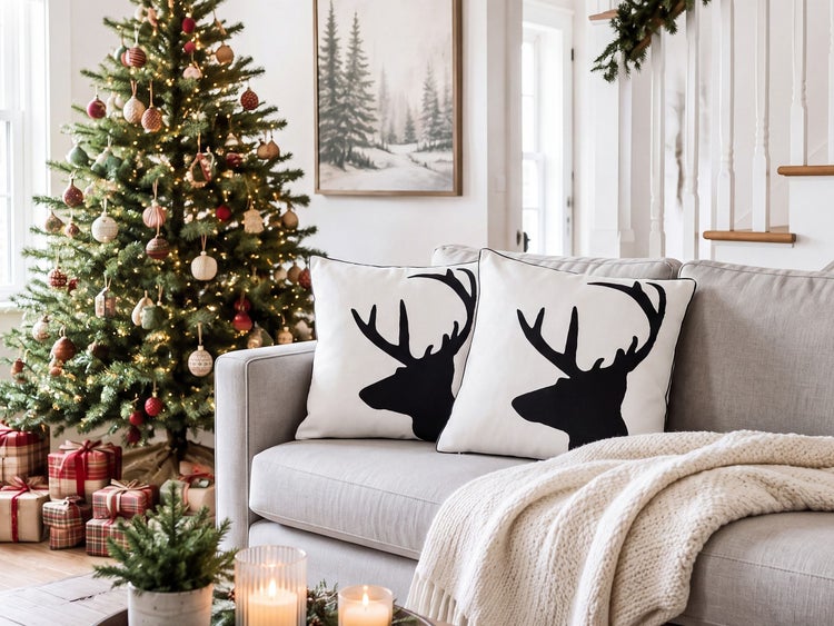 Zwei quadratische Dekokissen mit Hirschmotiv auf einem Sofa vor einem geschmückten Weihnachtsbaum in einem weihnachtlich dekorierten Wohnzimmer.