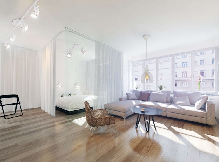 Helles Wohnzimmer mit Couch, Tisch, Stuhl und abgetrenntem Schlafbereich