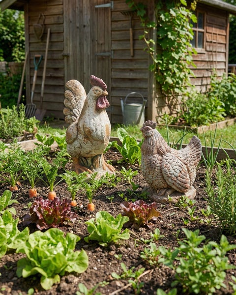 Gartenfiguren Hahn und Henne aus Stein in einem Gemüsebeet mit Salat und Möhren vor einem Gartenhaus aus Holz.