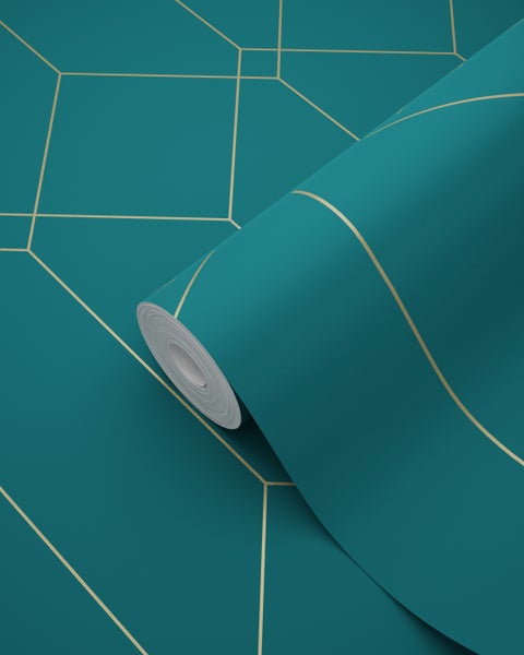 ESTAhome Tapete Art Decó Muster Gold, Grün und Blau - 53 cm x 10.05 m - 139224