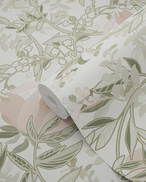 ESTAhome Tapete Blumenmuster im Jugendstil Sandbeige und Altrosa - 53 cm x 10.05 m - 139418
