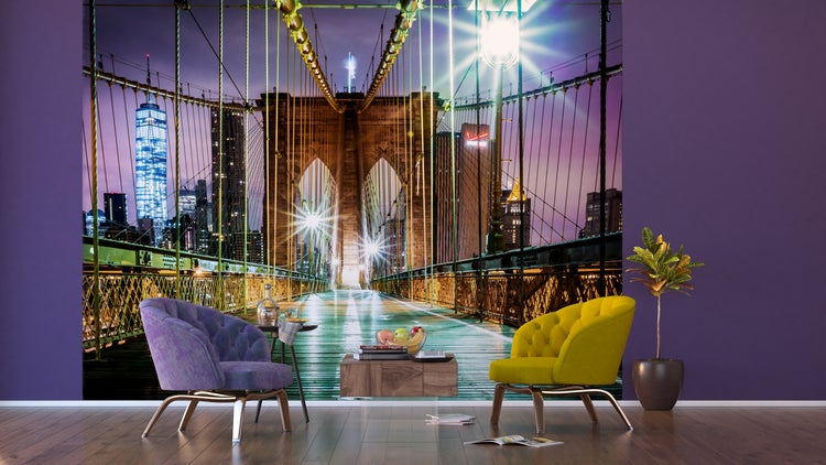 Wohnraum mit New York Brooklyn Bridge Fototapete, Sesseln und Dekoration