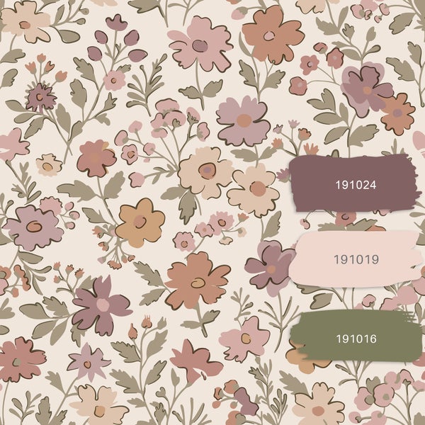 ESTAhome Tapete Blumen mauve-violett, Graugrün und Terrakotta - 53 cm x 10.05 m - 131328
