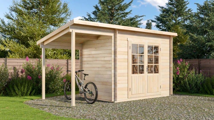 Alpholz Gartenhaus Martina-28 aus Massiv-holz, Gerätehaus mit 28 mm Wandstärke, Garten Holzhaus inklusive Montagematerial, Geräteschuppen Größe: 450 x 200 cm, Pultdach