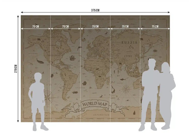 Fototapete mit historischer Weltkarte im antiken Stil, Breite 375 Zentimeter und Höhe 270 Zentimeter, unterteilt in 5 Bahnen à 75 Zentimeter.