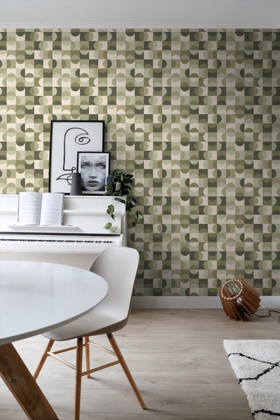 ESTAhome Tapete Kreise im Bauhaus-Stil Graugrün und Beige - 50 x 900 cm - 130940