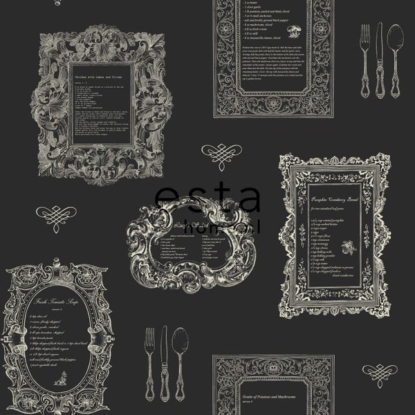 ESTAhome Tapete Rezepte Schwarz - 53 cm x 10.05 m - 127633