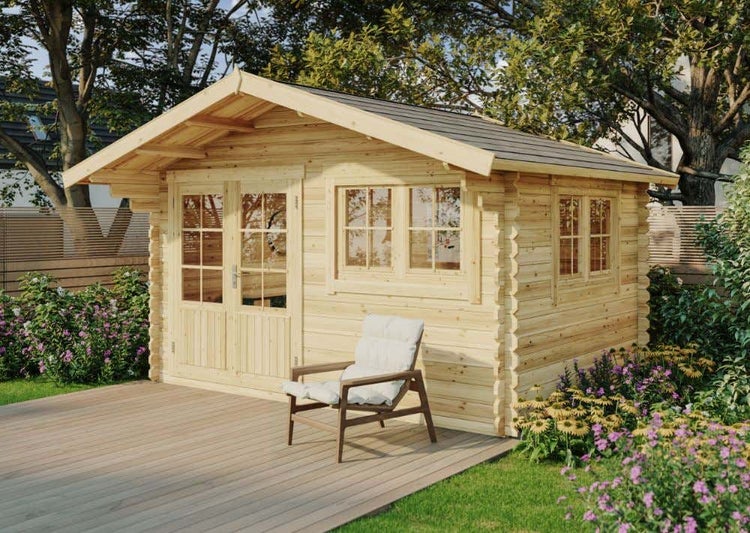 Gartenhaus Gabriel-34 mit Fußboden aus Holz, Gerätehaus 400x300, 10,07 m², 34 mm Wandstärke, Holzhaus in Blockbohlen-Bauweise inkl. Fenster, Doppelfenster und Leimholztür Naturbelassen