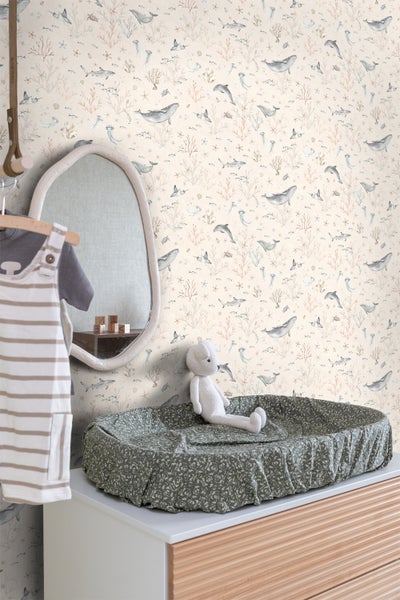 ESTAhome Tapete Unterwasserwelt Hellbeige und Graublau - 50 x 900 cm - 131260