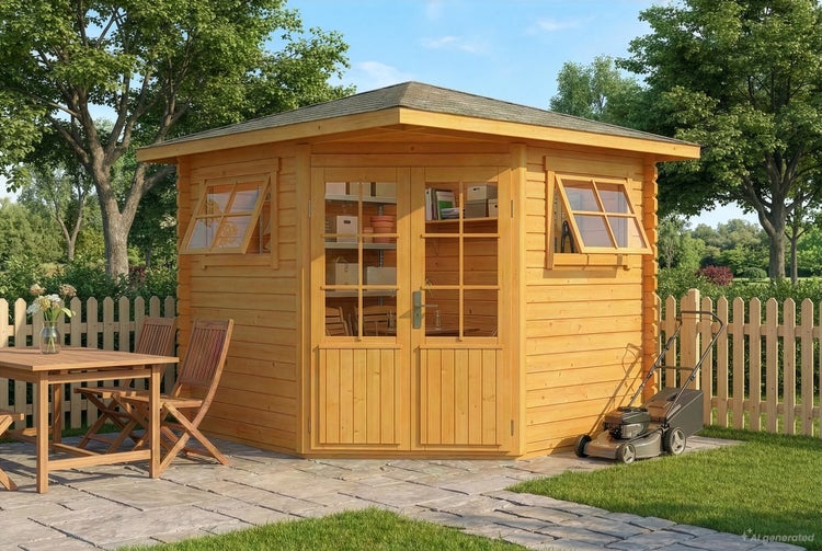 Fünfeckiges Gartenhaus aus Holz mit Doppeltür, zwei Fenstern und Pyramidendach in einem Garten mit Terrasse und Gartenmöbeln.