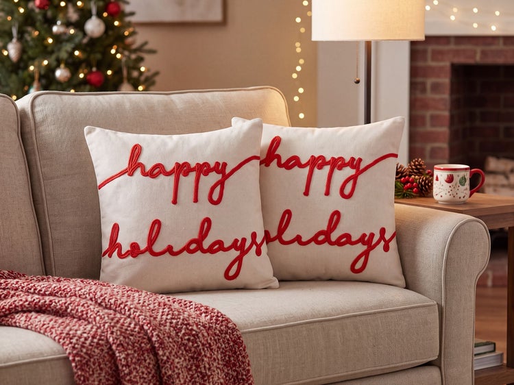 Zwei quadratische Dekokissen mit der Aufschrift Happy Holidays auf einem Sofa in festlicher Wohnzimmeratmosphäre.