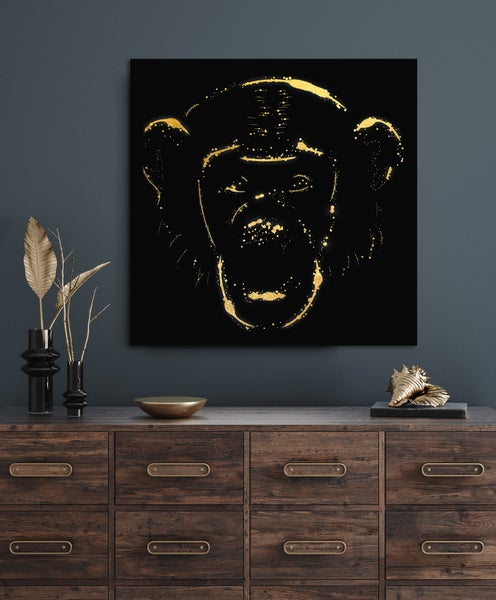 Blattgoldbild | Tiermotiv | Affe | Gold | Wandbild mit Blattgold Applikationen| Handarbeit | Deko | AGPB00041, Format: 70x70cm