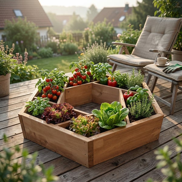 Sechseckiges Hochbeet aus Holz auf einer Holzterrasse. Bepflanzt mit Tomaten, Salat und Kräutern. Helle, organisierte Atmosphäre im Garten.