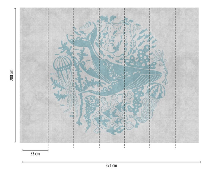 Fototapete mit Meeresmotiven, bestehend aus Wal, Quallen, Korallen und Fischen, 371 cm breit und 280 cm hoch