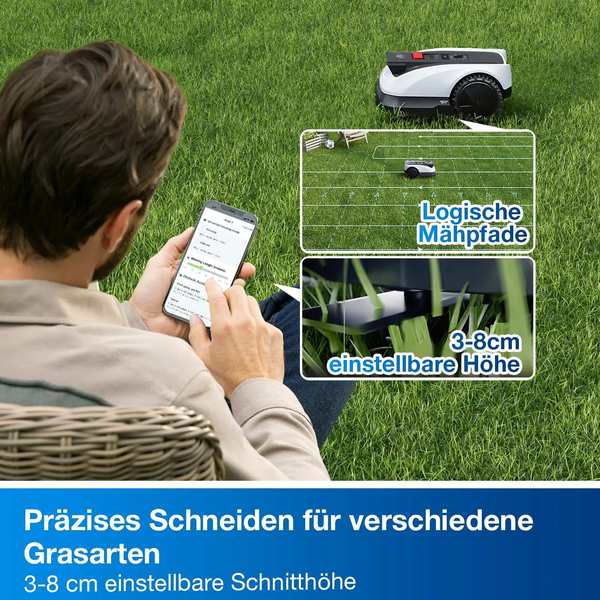 Mähroboter auf Rasen mit App-Steuerung, logischen Mähpfaden und einer einstellbaren Schnitthöhe von 3 bis 8 Zentimetern.