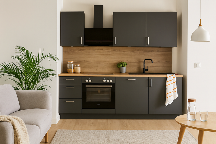 Moderne Küche mit Küchenschränken, Spüle und Kochfeld