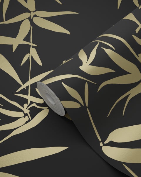 Origin Wallcoverings Tapete Bambusblätter Schwarz und Gold - 53 cm x 10.05 m - 347740