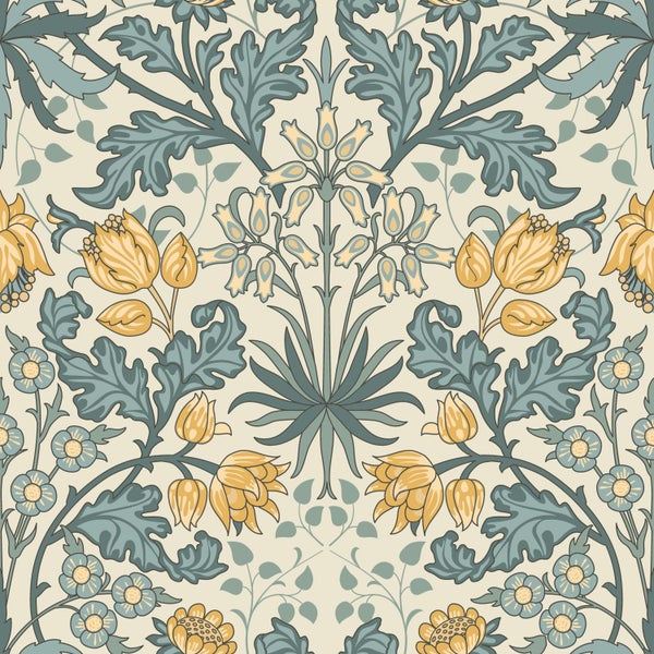 ESTAhome Tapete Blumenmuster im Jugendstil Blau und Gelb - 50 x 900 cm - 131181