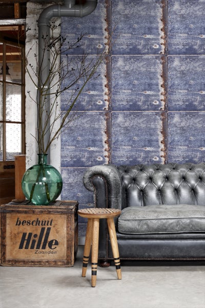 ESTAhome Tapete Metallplatten Blau und Braun - 53 cm x 10.05 m - 138219
