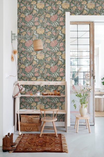 ESTAhome Tapete Blumenmuster Blaugrün, Altrosa und Ockergelb - 50 x 900 cm - 131198
