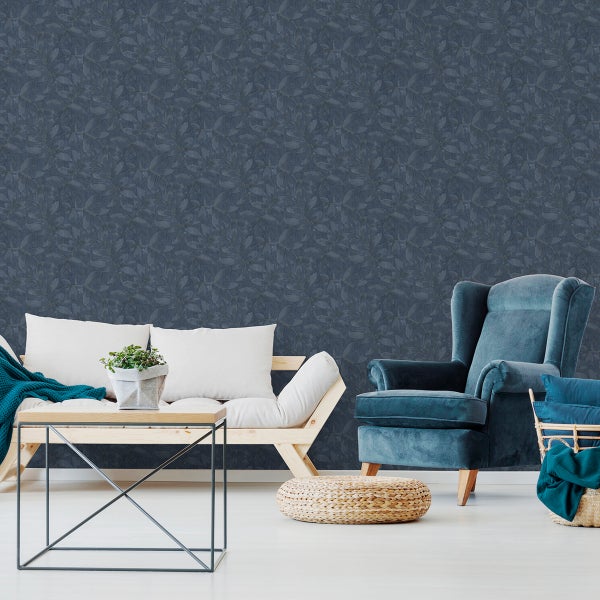 Sanders und Sanders Tapete gezeichnete Blätter Dunkelblau - 53 cm x 10,05 m - 640751