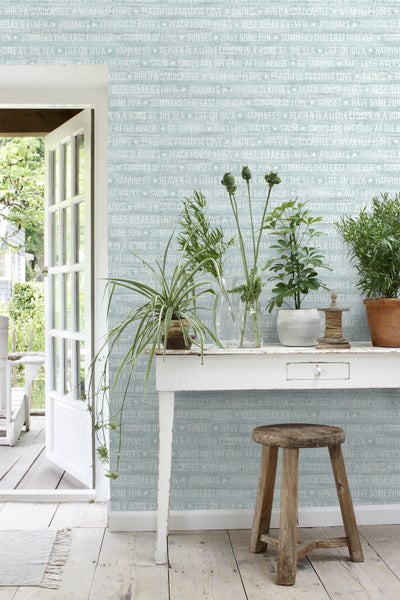 ESTAhome Tapete sommerliche Texte Hellgrün - 53 cm x 10.05 m - 148641