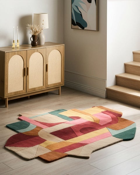 Moderner, unregelmäßig geformter Teppich mit geometrischen Mustern in einem hellen Wohnraum mit Holzmöbeln und Treppe.
