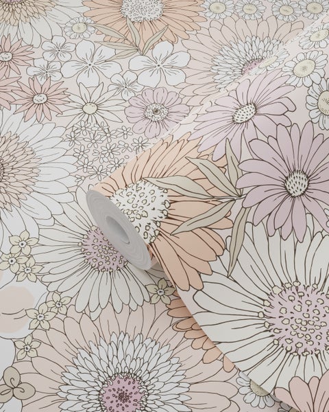 ESTAhome Tapete Retro Blumen Beige und Rosa - 50 x 900 cm - 131313