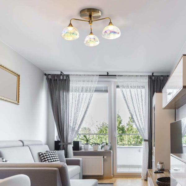 LED Deckenleuchte 3-flammig VARNA, Deckenlampe aus messingfarbenem Metall und irisierendem Glas, mit fest verbauten LEDs, 42 cm Durchmesser, stilvolle Beleuchtung für Wohnzimmer, Esszimmer oder Diele