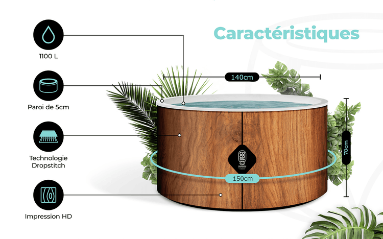 Whirlpool in Holzoptik: 1100 Liter, 5 Zentimeter Wandstärke, Dropstitch, hochauflösender Druck. Maße: Innen 140, Außen 150, Höhe 70 Zentimeter.
