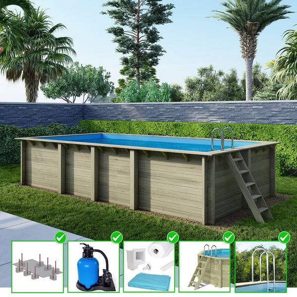 Aufstellpool aus Holz mit Leiter und Filteranlage im Garten